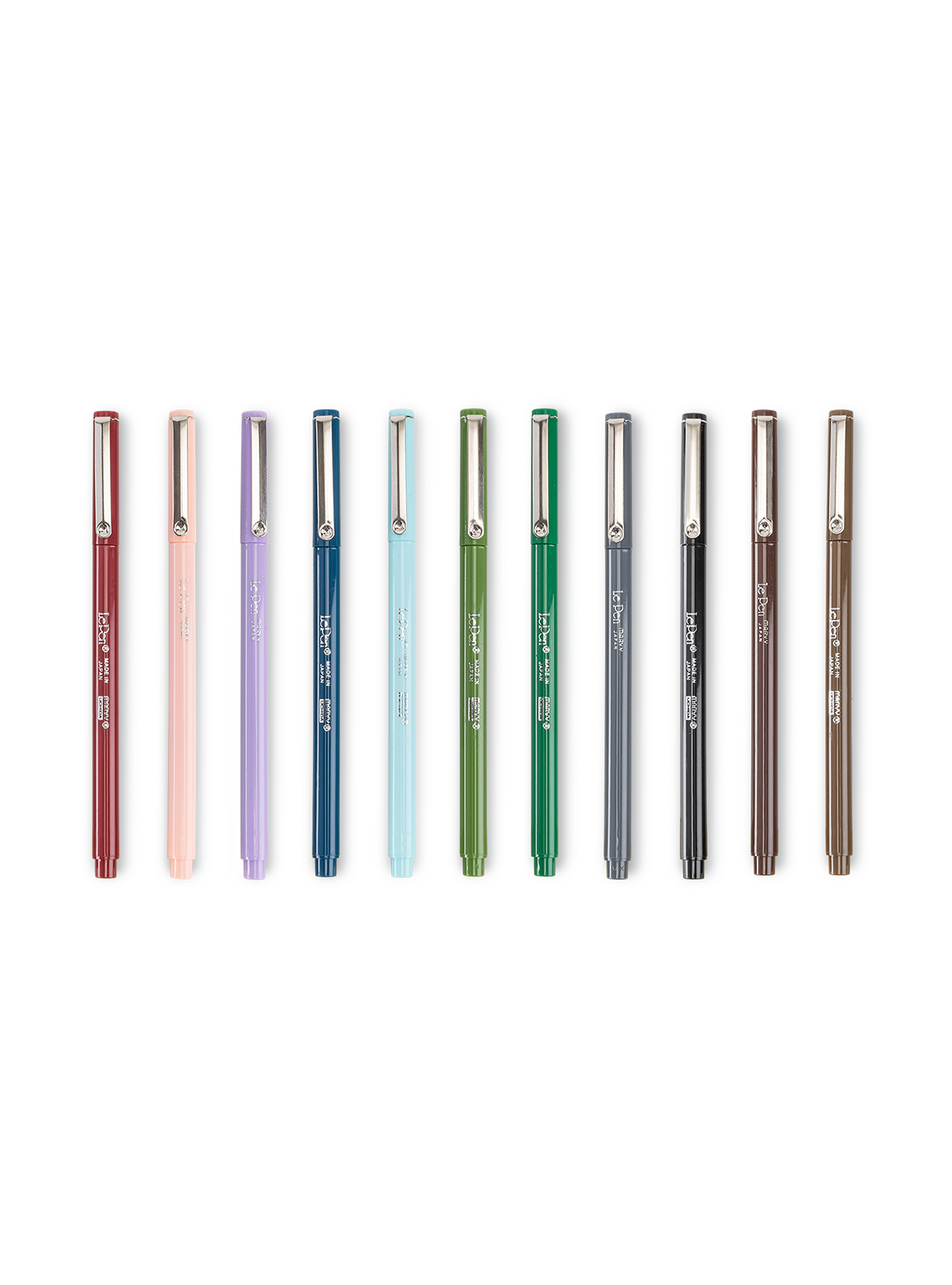 Le Pen colorways in Burgundy, Wisteria, Deep Blue, Pale Blue, Olive Green, Green, Dark Gray, Black, Brown, and Sepia