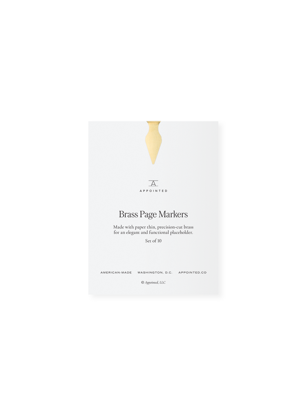 Set of Appointed Brass Page Marker on a white card, front view