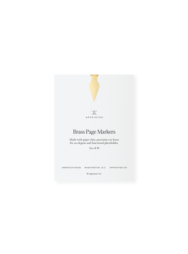 Set of Appointed Brass Page Marker on a white card, front view